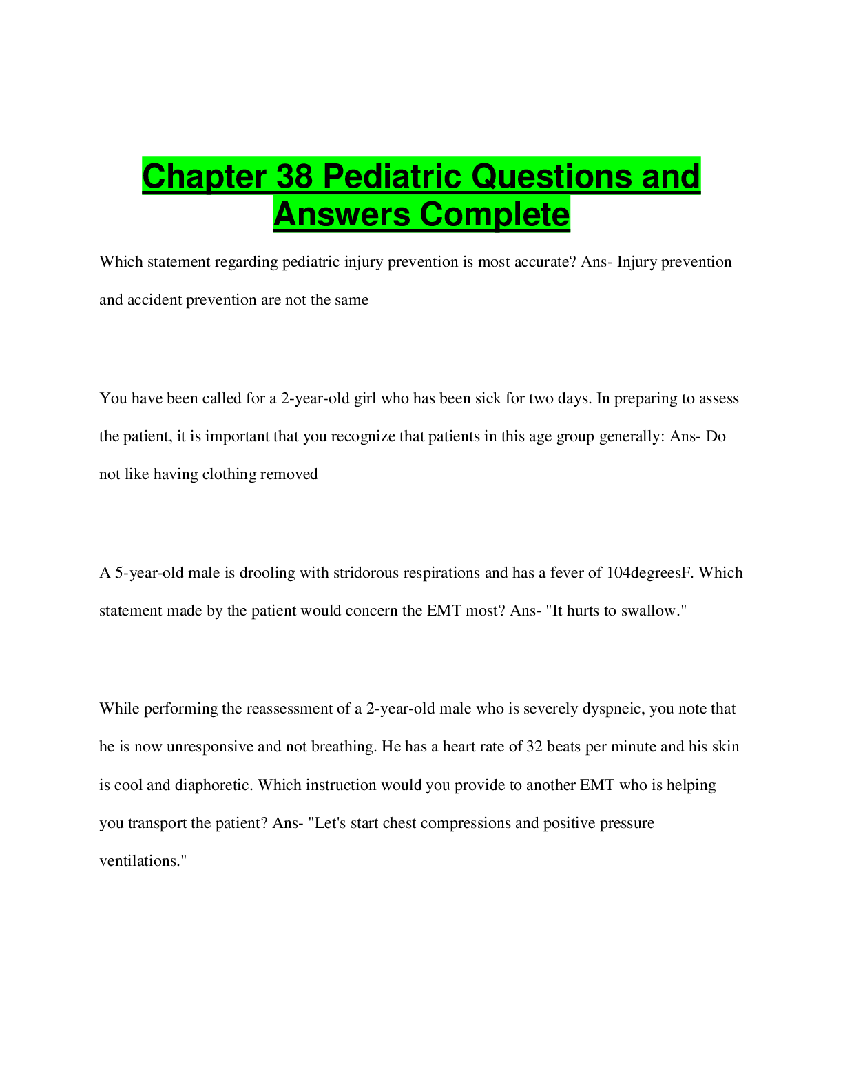 Preview image for Chapter 38 Pediatric Questions and  Answers Complete